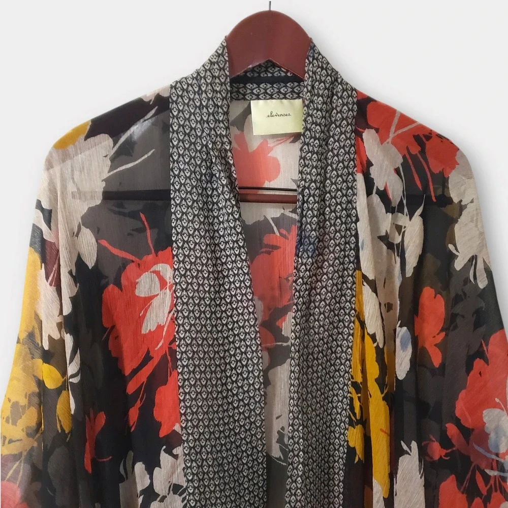 Elevenses Anthropologie 100% Silk Sheer Chiffon Floral Kimono Wrap OS Black Red